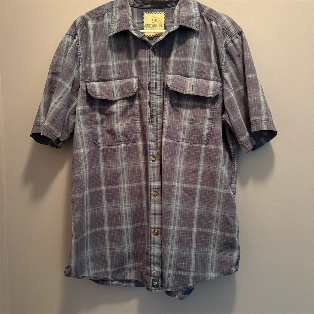 Outdoor Life Mens Shirt Size L Blue Plaid Button Front Short Sleeve